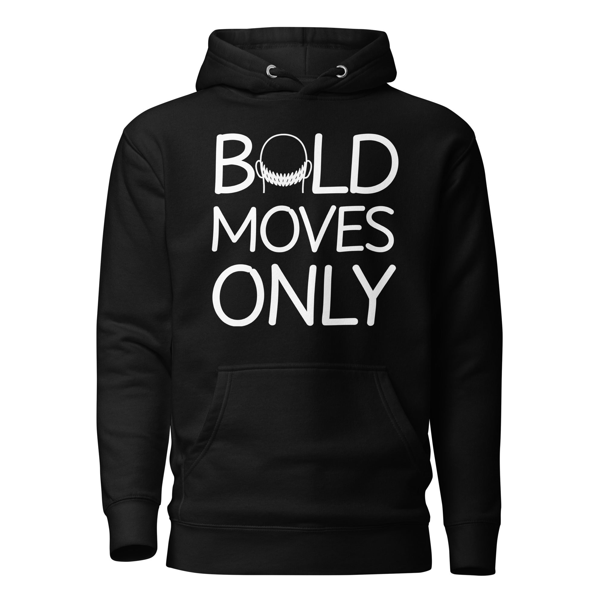 Black hoodie with Bald Moves Only text and midweight fleece construction
