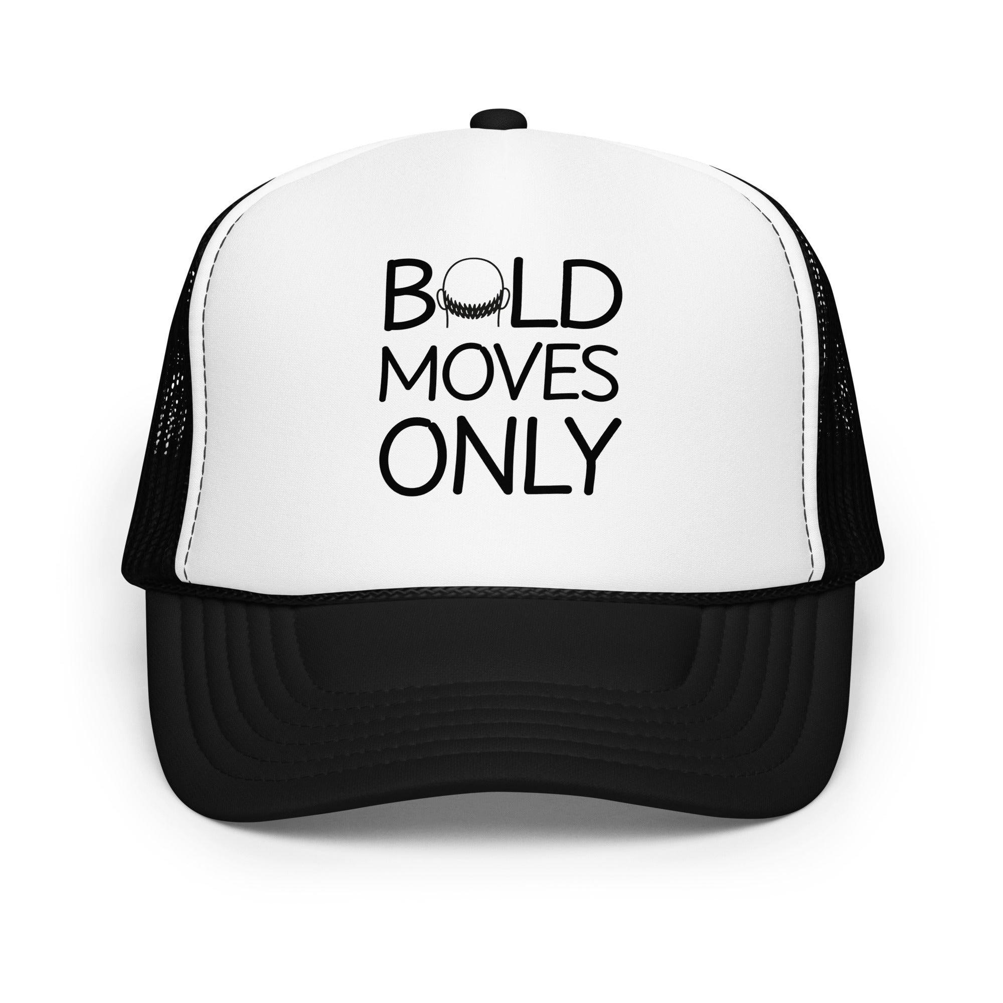 Front view of black and white trucker hat with Bald Moves Only text on foam panel