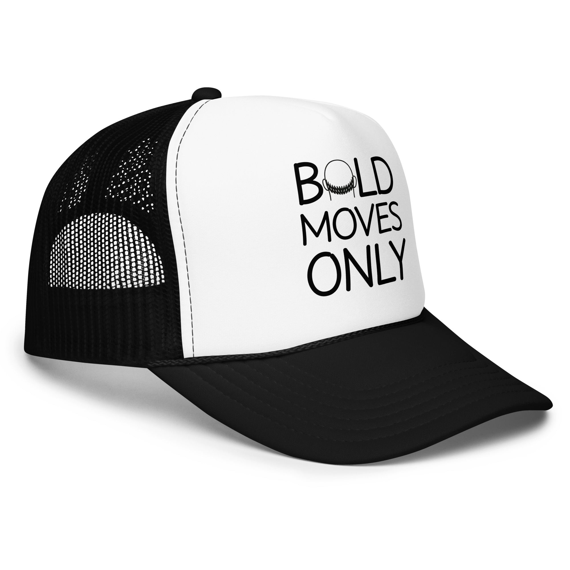 Side view of black and white trucker hat showing mesh back and structured profile
