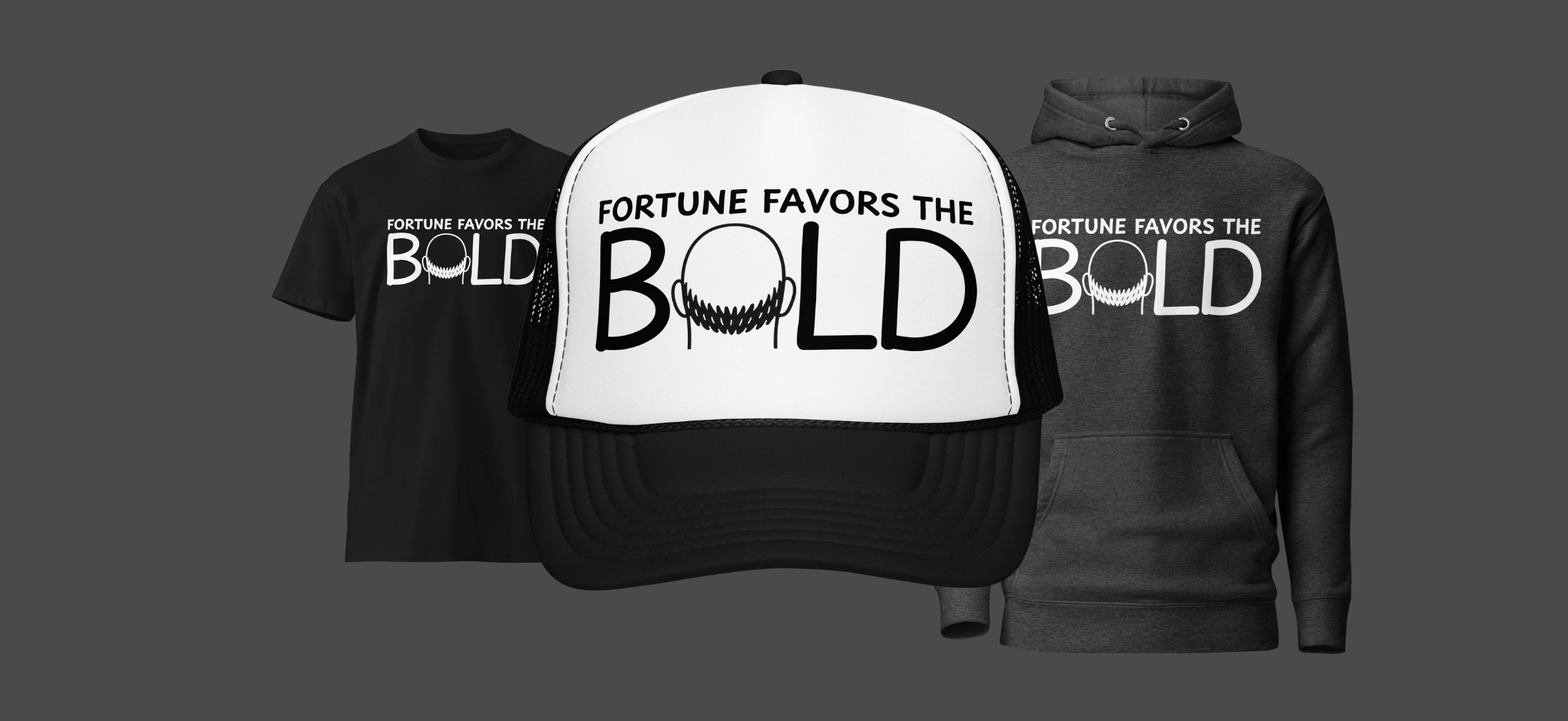 Premium bald apparel including hats, shirts, and hoodies from Chrome Society